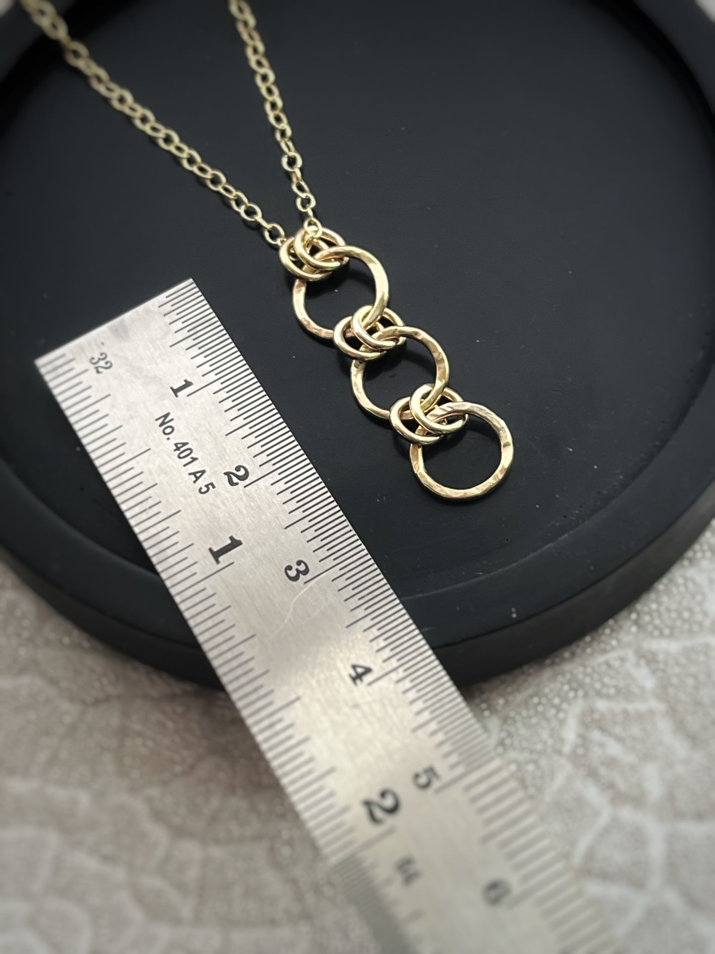 Solid 9ct gold chainmail ring hoop pendant, a handmade hammered tree bark texture pendant, 30mm length