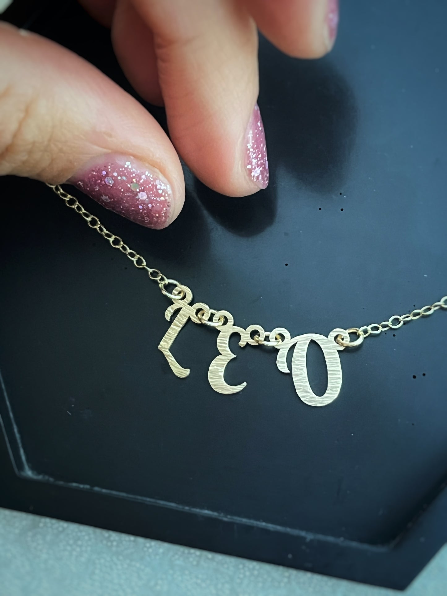 Solid 9ct gold tree bark textured hammered name necklace, initial letters on a chain