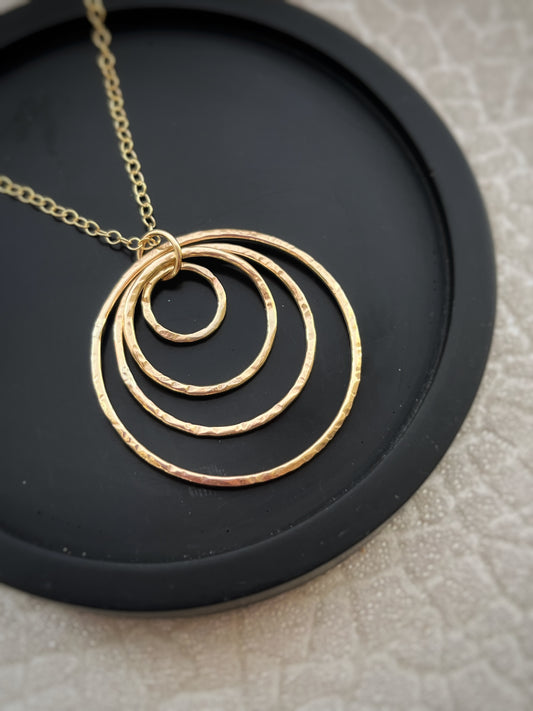 Solid 9ct gold statement interlocking 4 circle pendant, a handmade hammered textured necklace