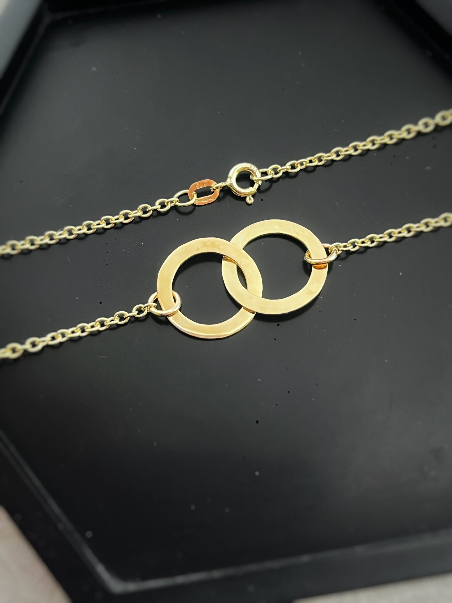 Solid 9ct gold large double interlocking circle hoop chunky chain, a handmade hammered textured necklace
