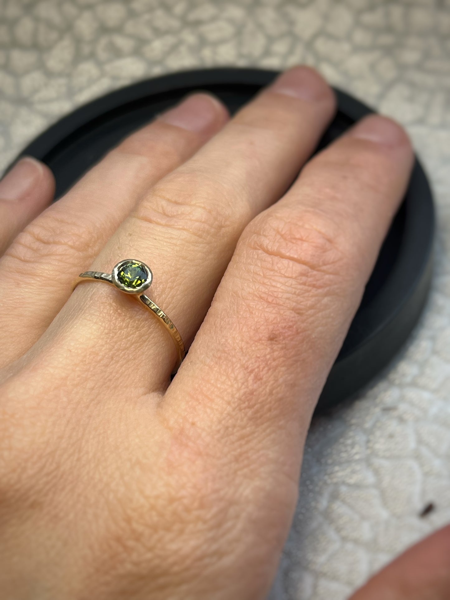 Solid recycled gold 9ct yellow hammered dainty delicate tree bark dark green sapphire ring