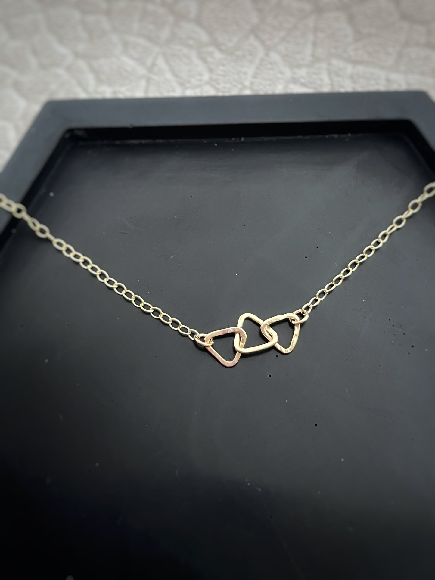 Solid 9ct gold triple 3 triangle handmade hammered textured interlocking circle necklace