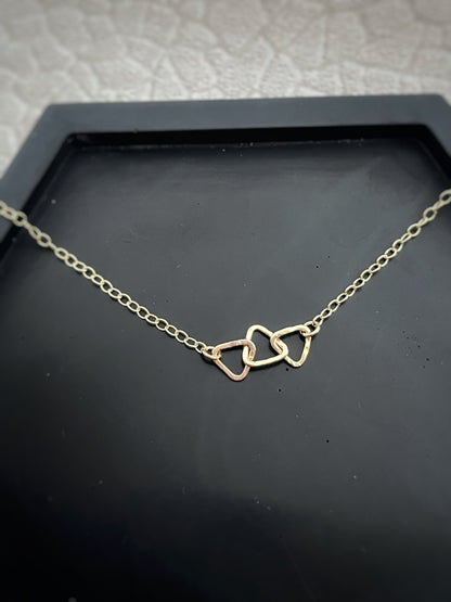 Solid 9ct gold triple 3 triangle handmade hammered textured interlocking circle necklace