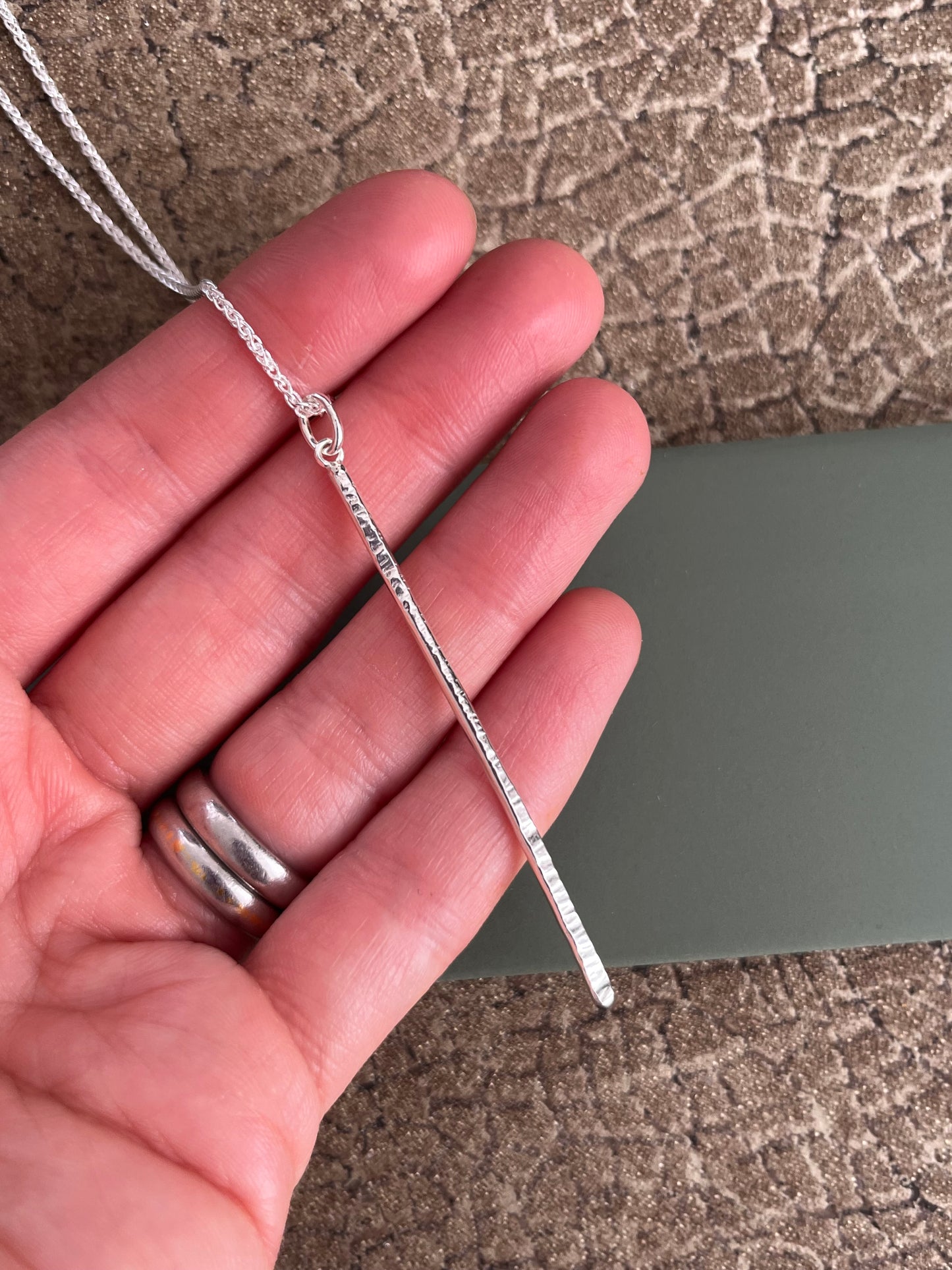 Sterling silver hammered bar pendant 60mm