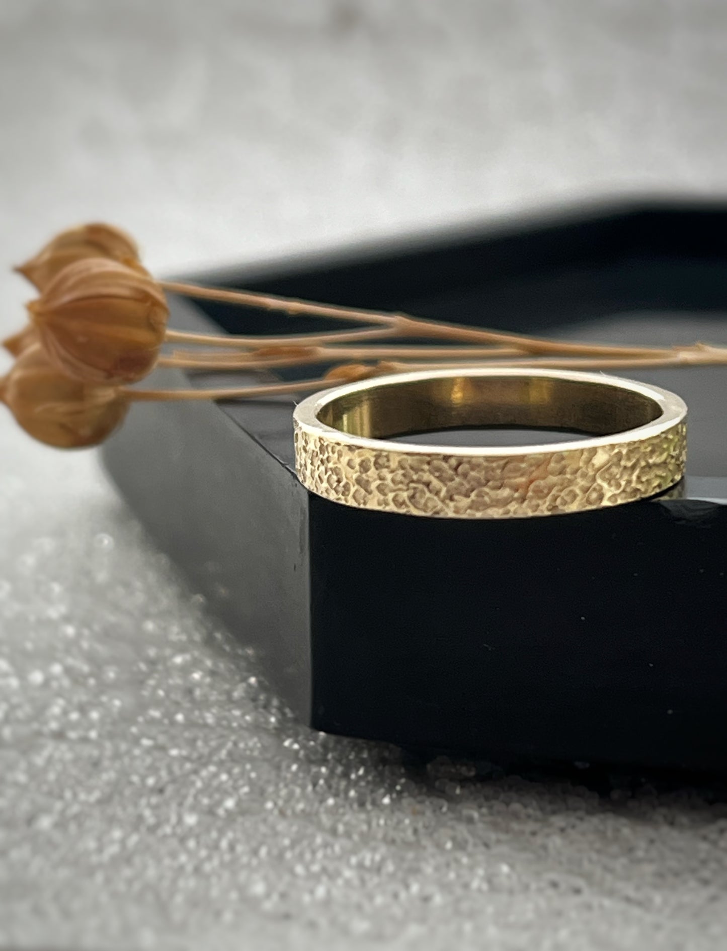 Solid 9ct yellow gold 3mm coastal beach sand delicate recycled gold flat band ring