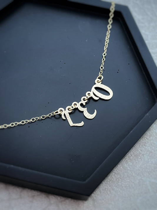 Solid 9ct gold tree bark textured hammered name necklace, initial letters on a chain