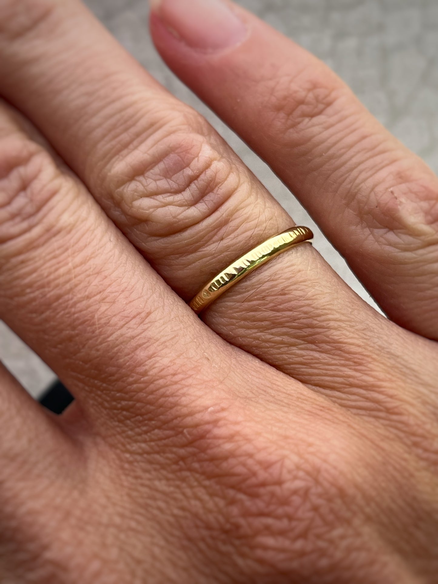Solid 18ct yellow gold D section 2mm hammered tree bark textured hammered modern delicate recycled gold flat band ring