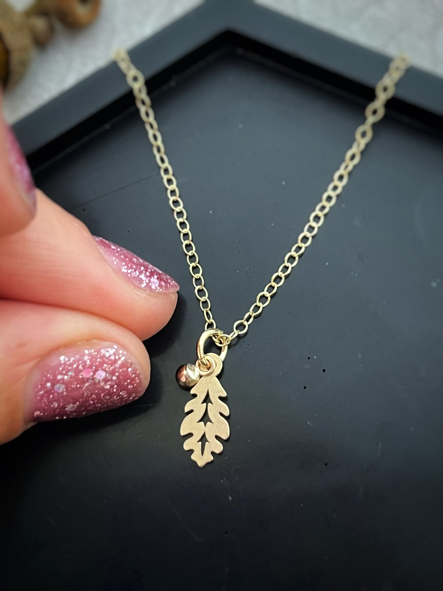 Solid 9ct gold mighty oak leaf & little acorn pendant, a handmade woodland inspired necklace