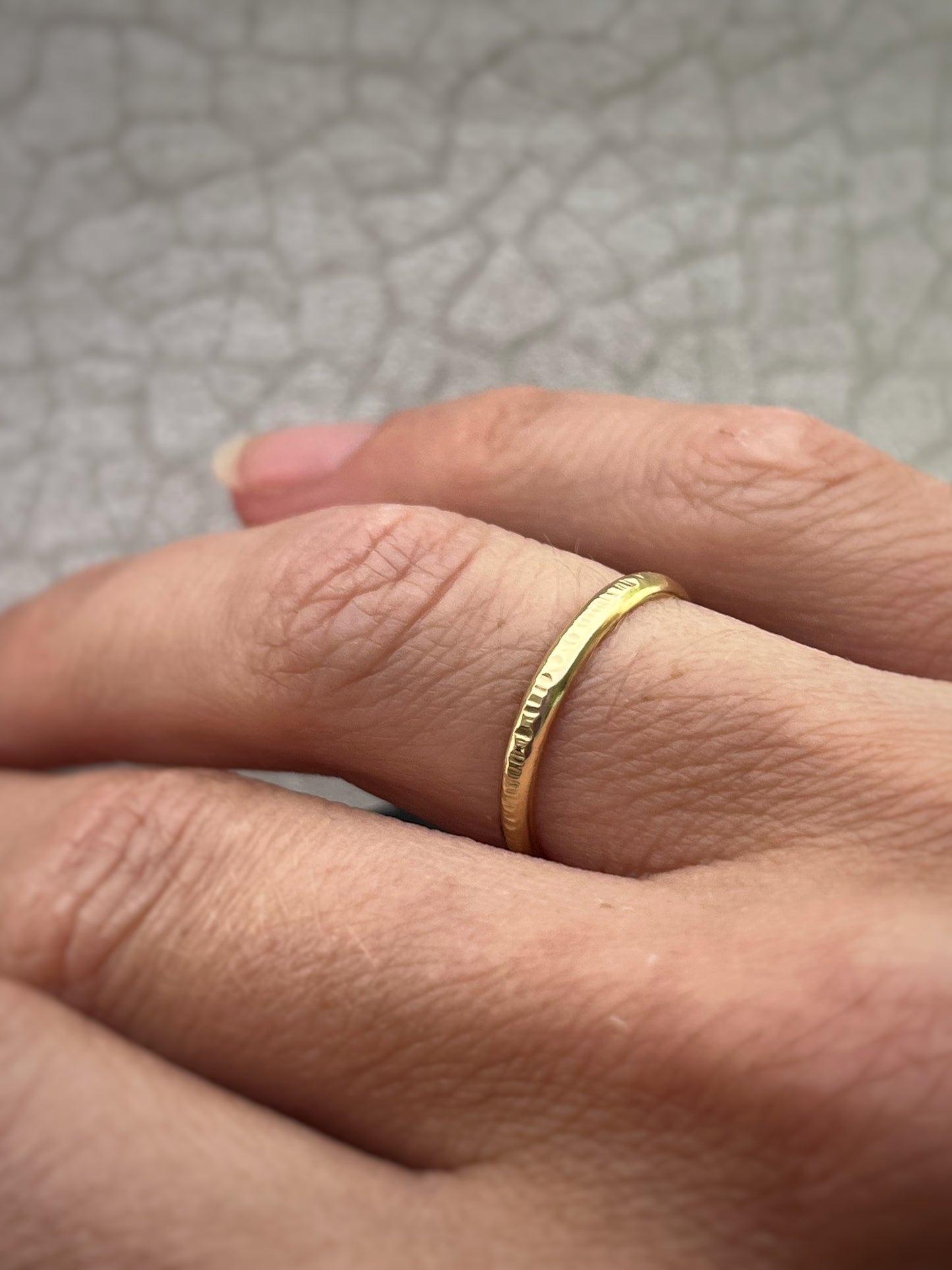 Solid 18ct yellow gold D section 2mm hammered tree bark textured hammered modern delicate recycled gold flat band ring