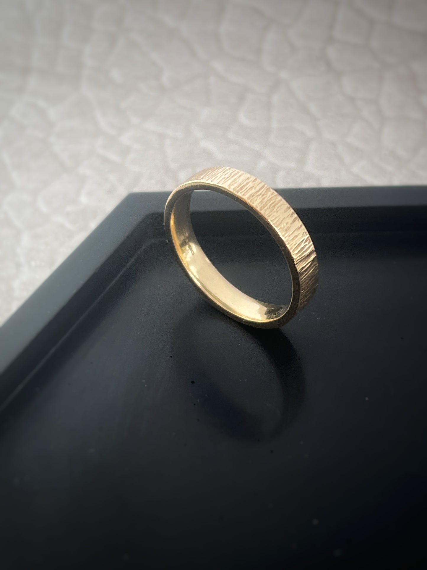 Solid 9ct recycled yellow gold 4mm flat outside, domed inside, hammered tree bark pattern unisex/ men’s band ring