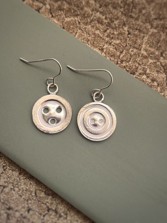 Button silver drop earrings