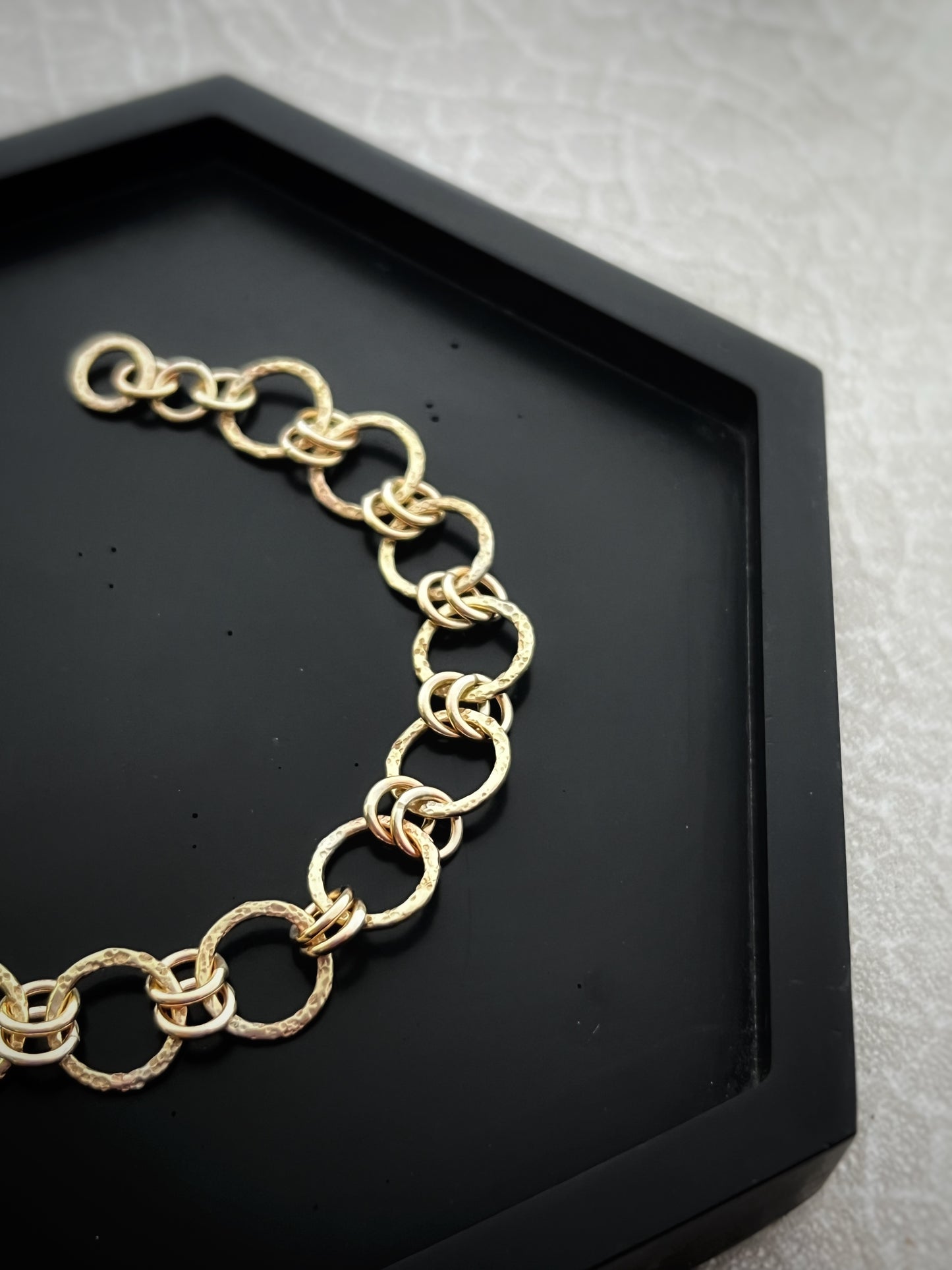 Solid 9ct gold hammered dimple sand coastal beach interlocking double yellow gold hoop bracelet