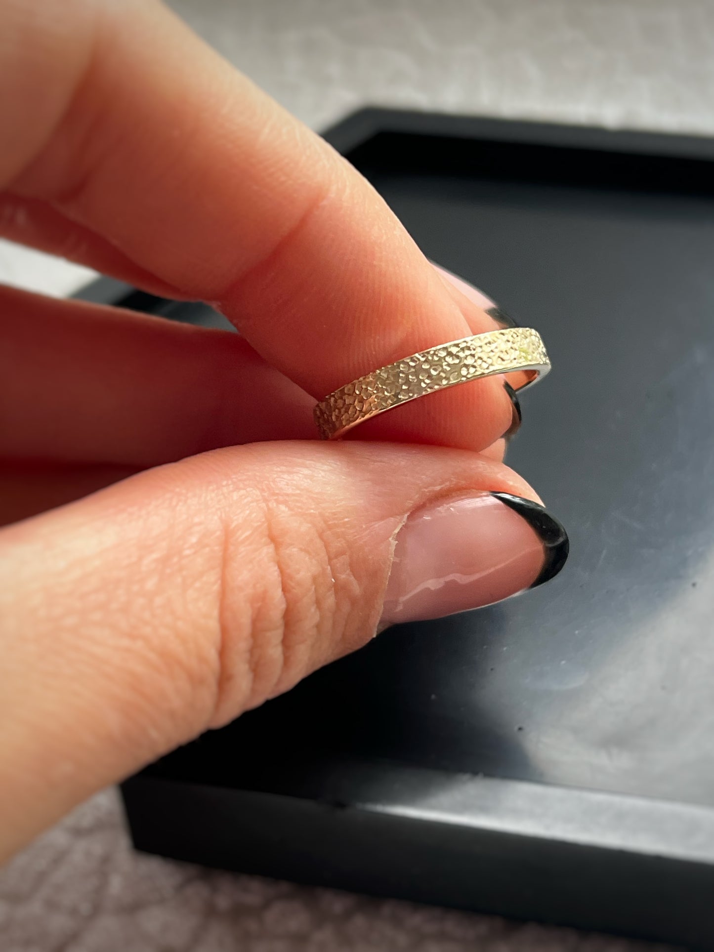 Solid 9ct yellow gold 3mm coastal beach sand delicate recycled gold flat band ring