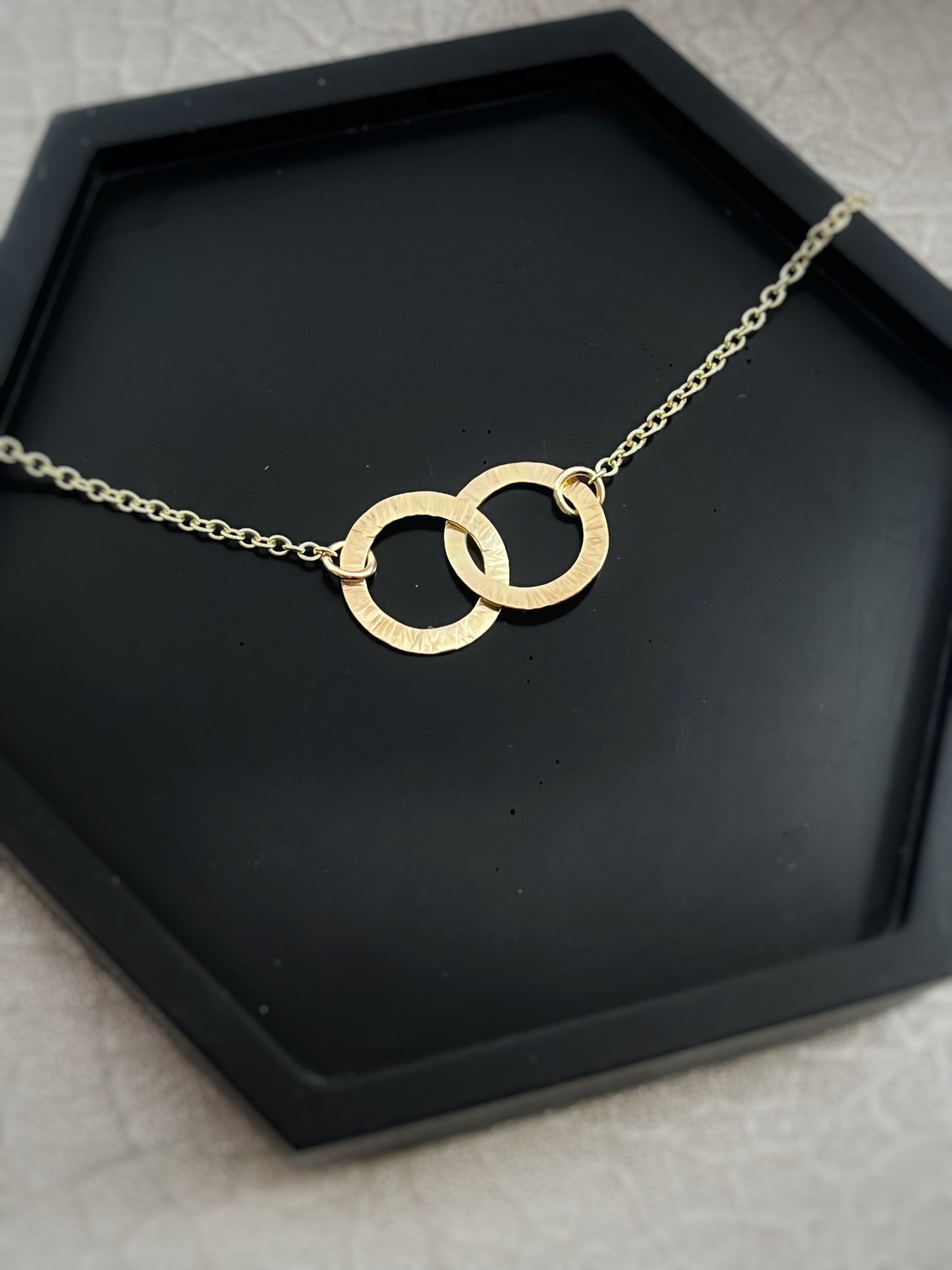 Solid 9ct gold large double interlocking circle hoop chunky chain, a handmade hammered textured necklace