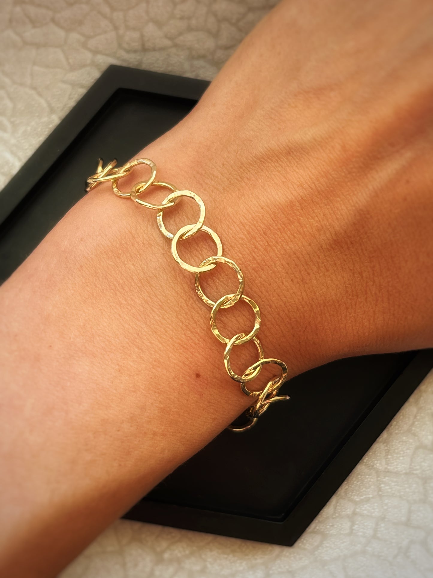 Solid 9ct gold hammered interlocking yellow gold hoop bracelet