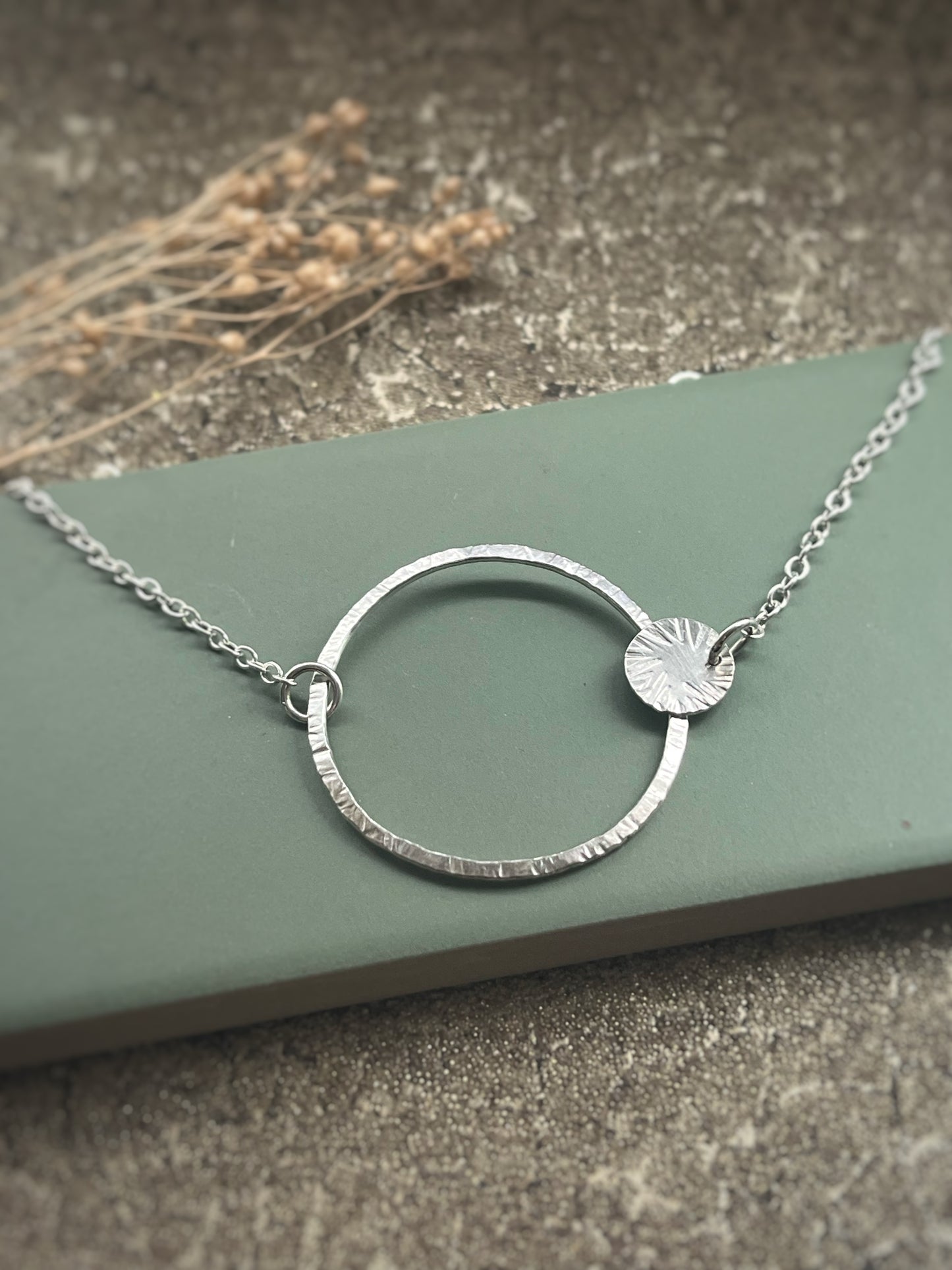 Sterling silver large hammered hoop & disc necklace