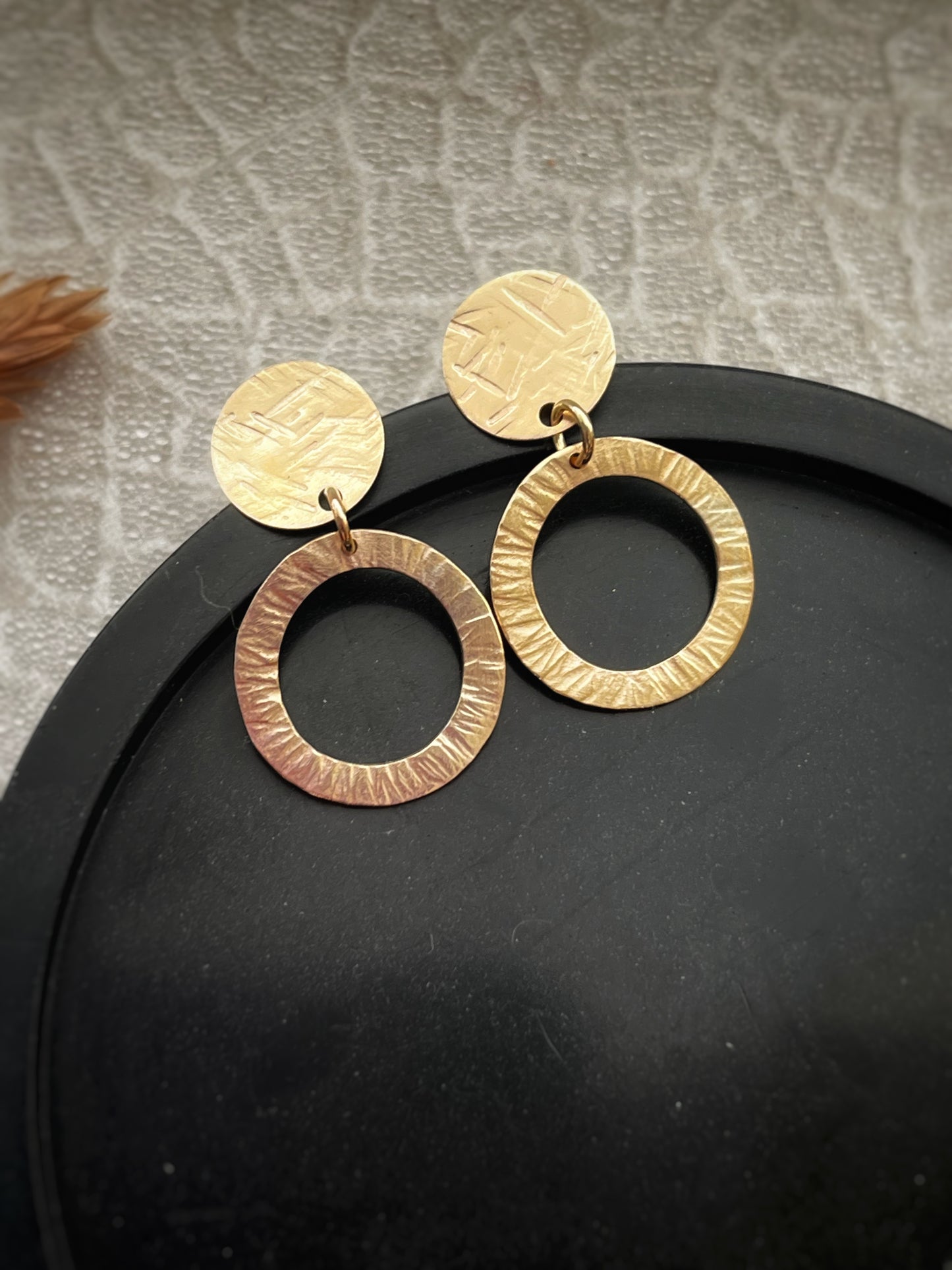 Solid 9ct yellow gold circle stud & drop earrings- hammered bark texture