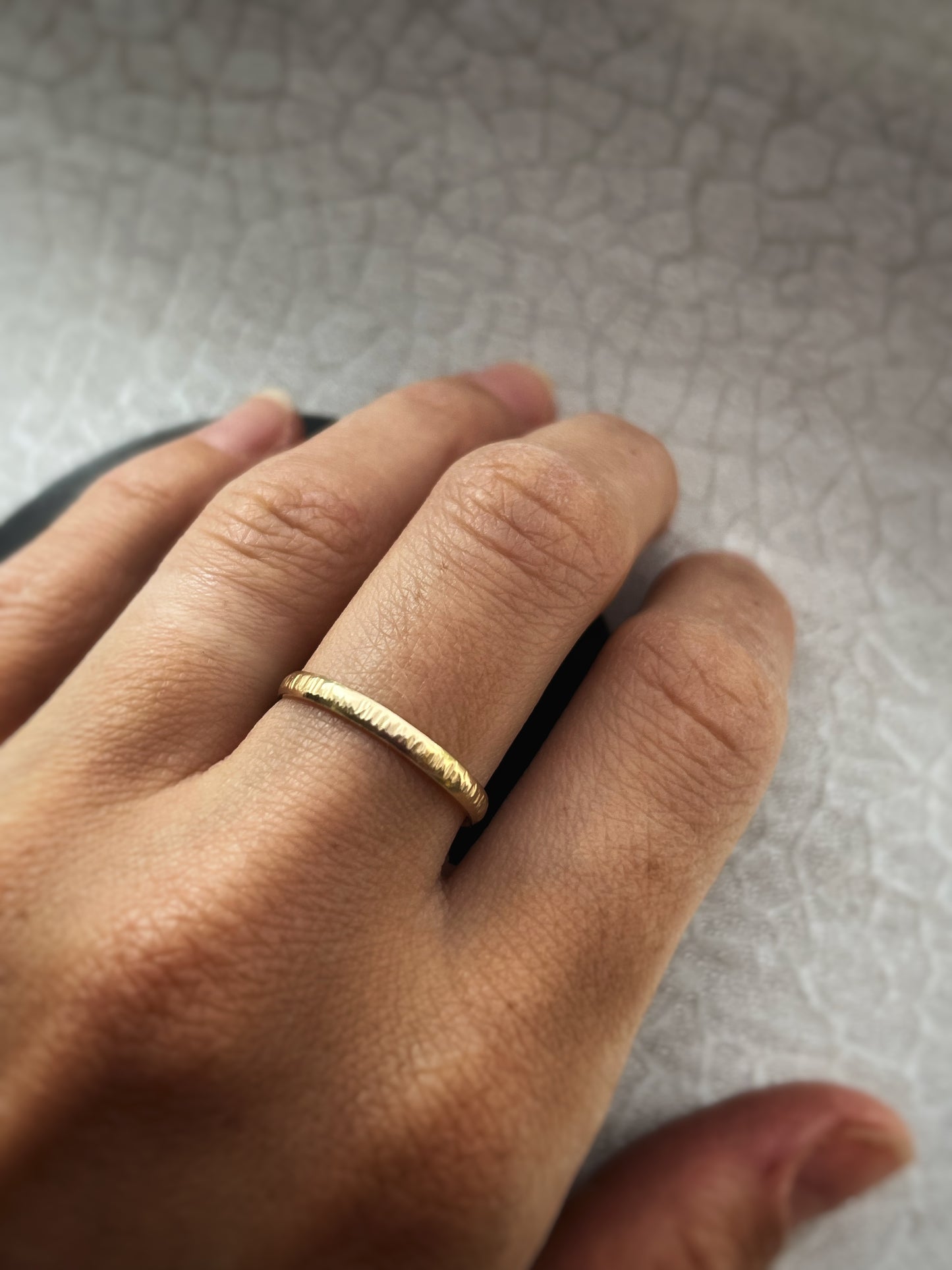 Solid 9ct yellow gold D shape 2mm tree bark textured hammered delicate recycled gold band ring