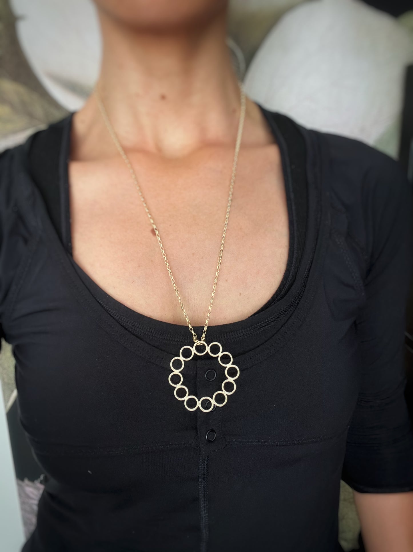 Solid 9ct gold 12 hoop statement circle pendant, a handmade hammered textured necklace