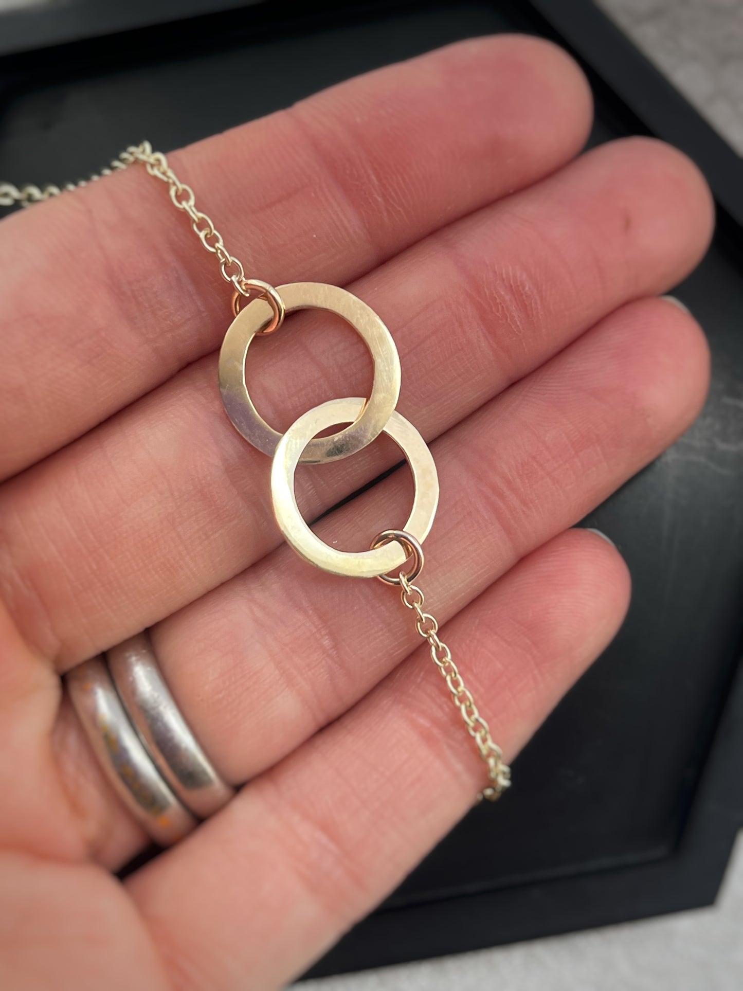 Solid 9ct gold large double interlocking circle hoop chunky chain, a handmade hammered textured necklace