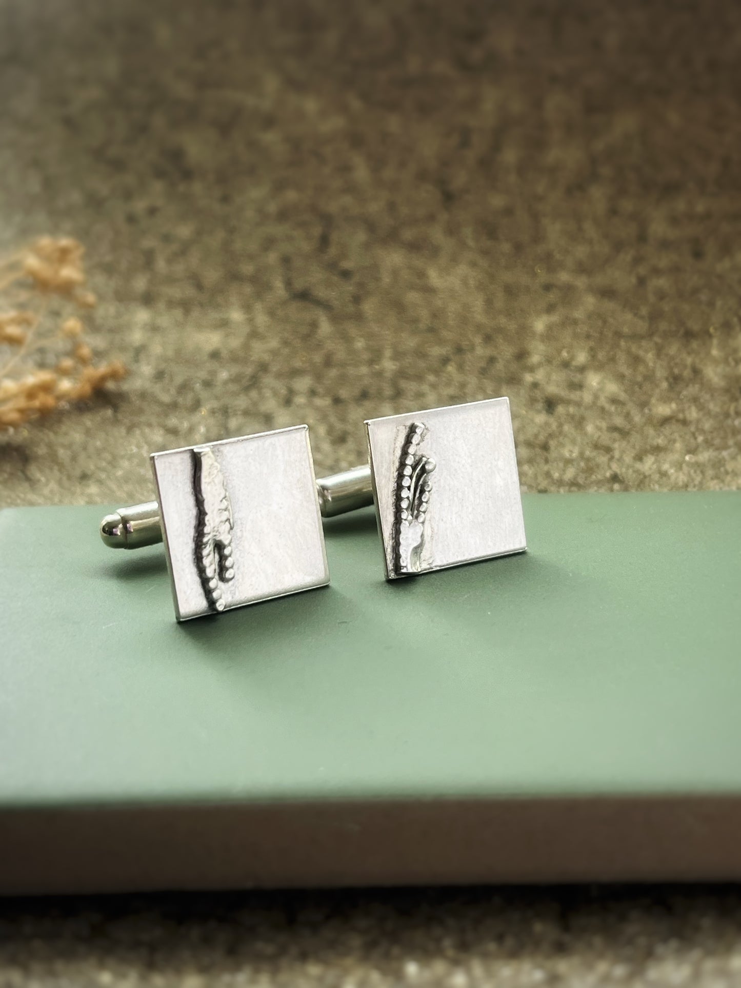 Coast inspired seaweed square sterling silver cufflinks