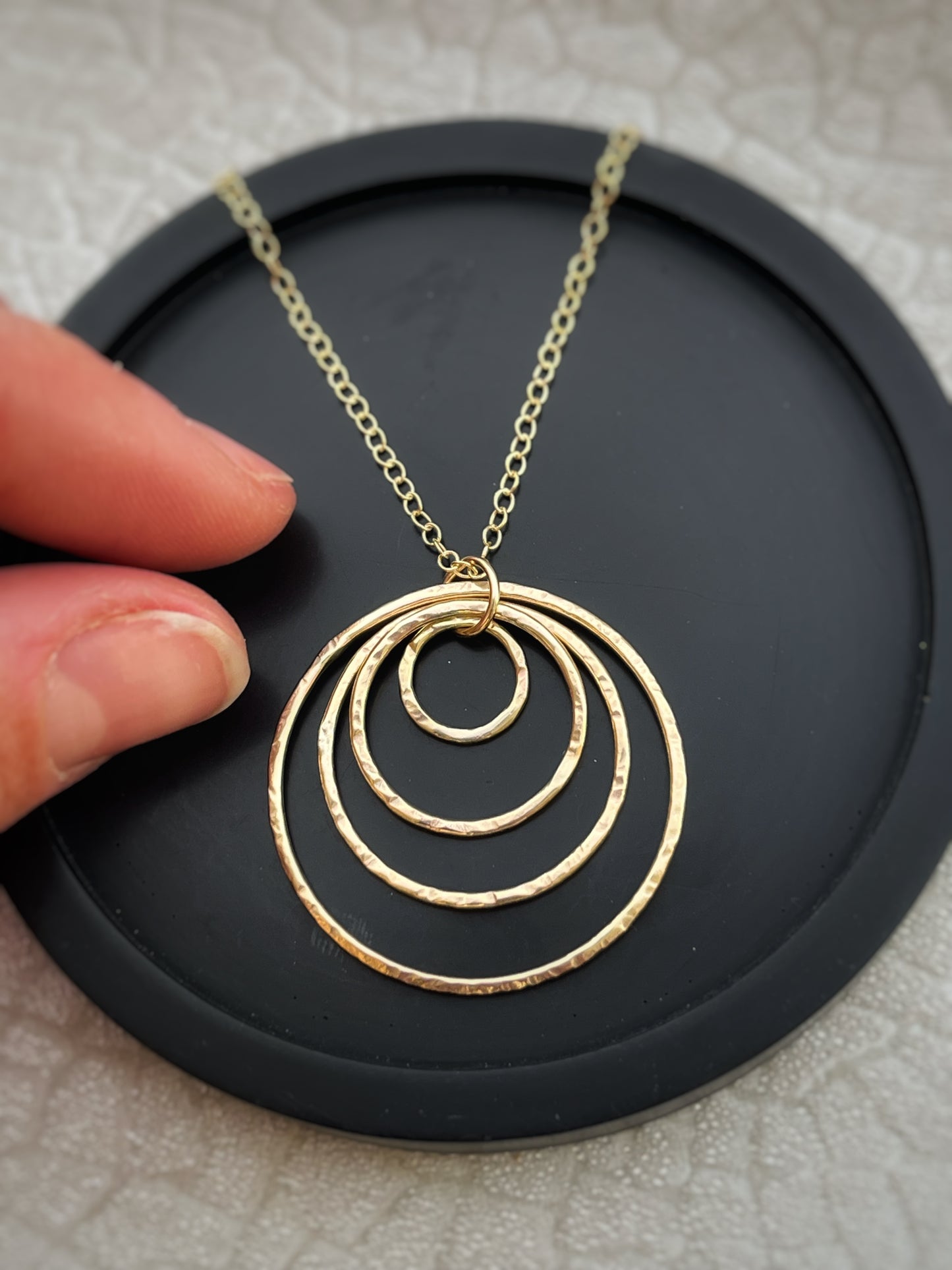 Solid 9ct gold statement interlocking 4 circle pendant, a handmade hammered textured necklace