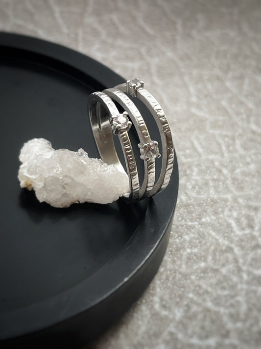 Solid White 9ct Recycled Gold & Natural Diamond Triple Band Ring Handmade, Bark Textured, Nature-Inspired Statement Ring