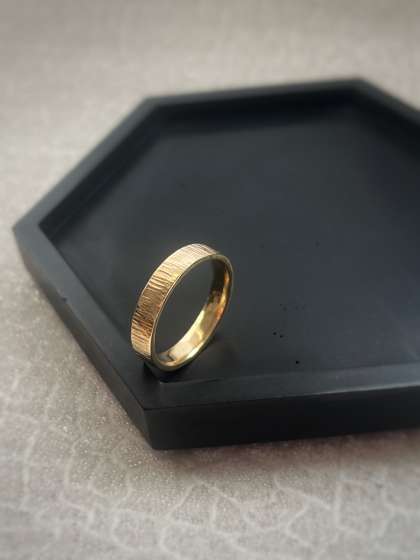 Solid 9ct recycled yellow gold 4mm flat outside, domed inside, hammered tree bark pattern unisex/ men’s band ring