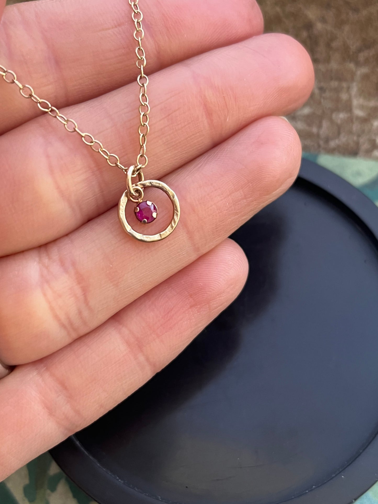 Solid 9ct yellow gold 3mm Ruby hoop pendant necklace 18 inches