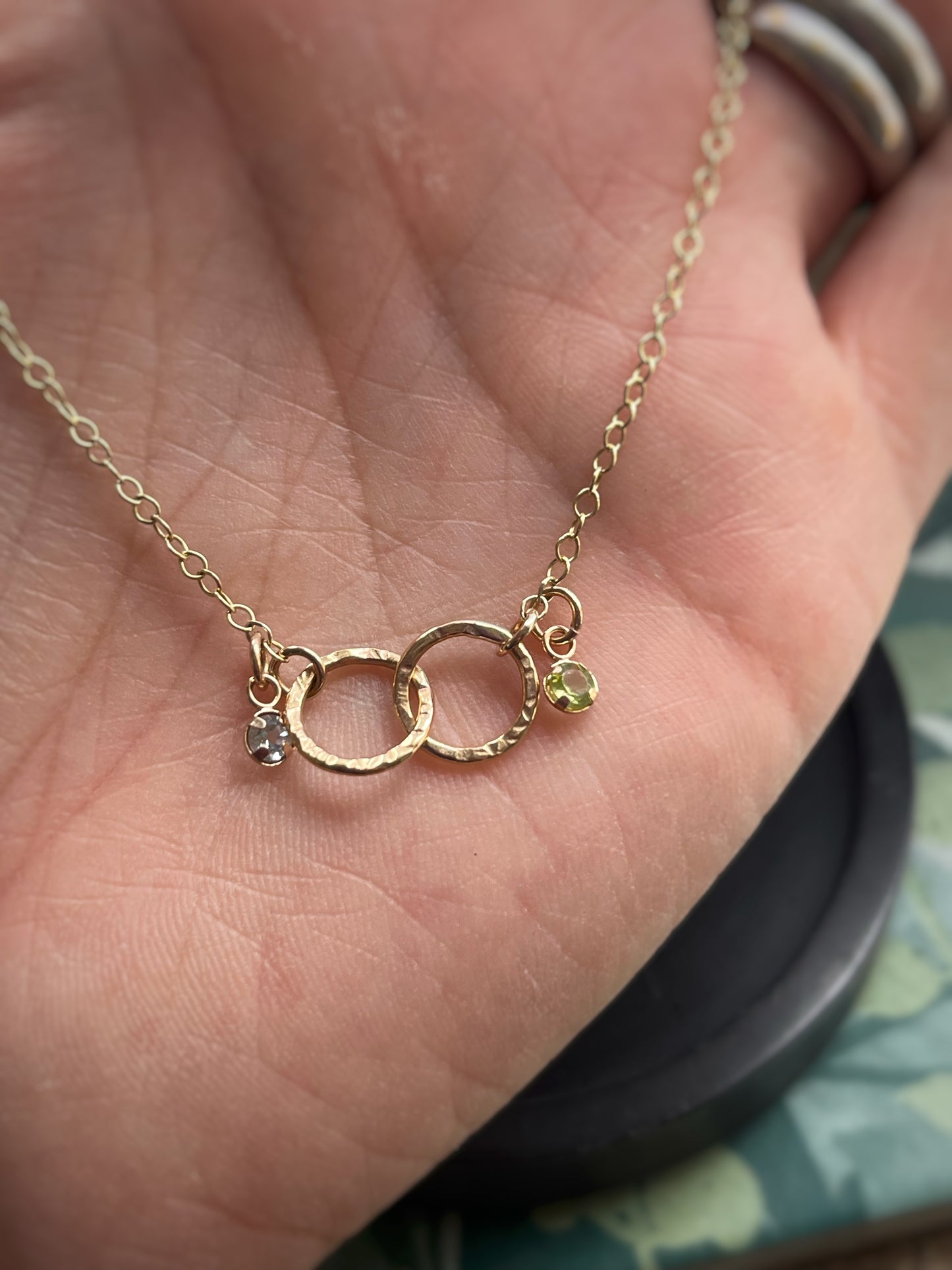 Solid 9ct yellow gold hammered hoop necklace Aquamarine & Peridot 16 inches