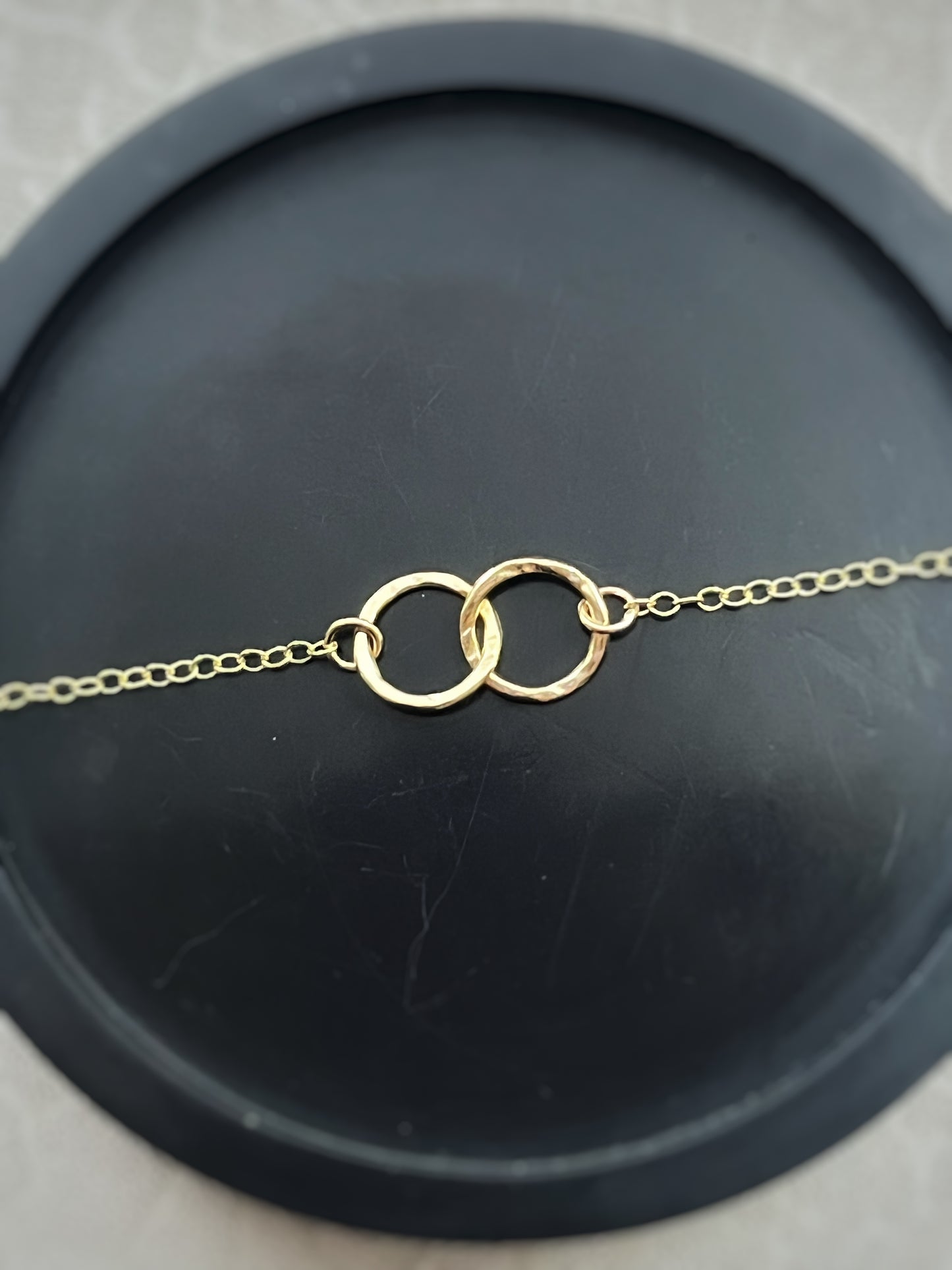 Solid 9ct gold , handmade hammered textured interlocking circle necklace