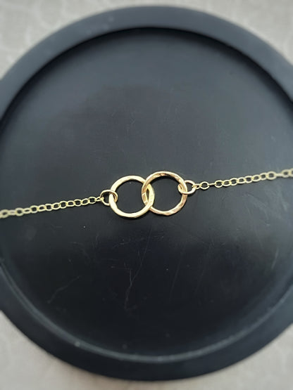 Solid 9ct gold , handmade hammered textured interlocking circle necklace