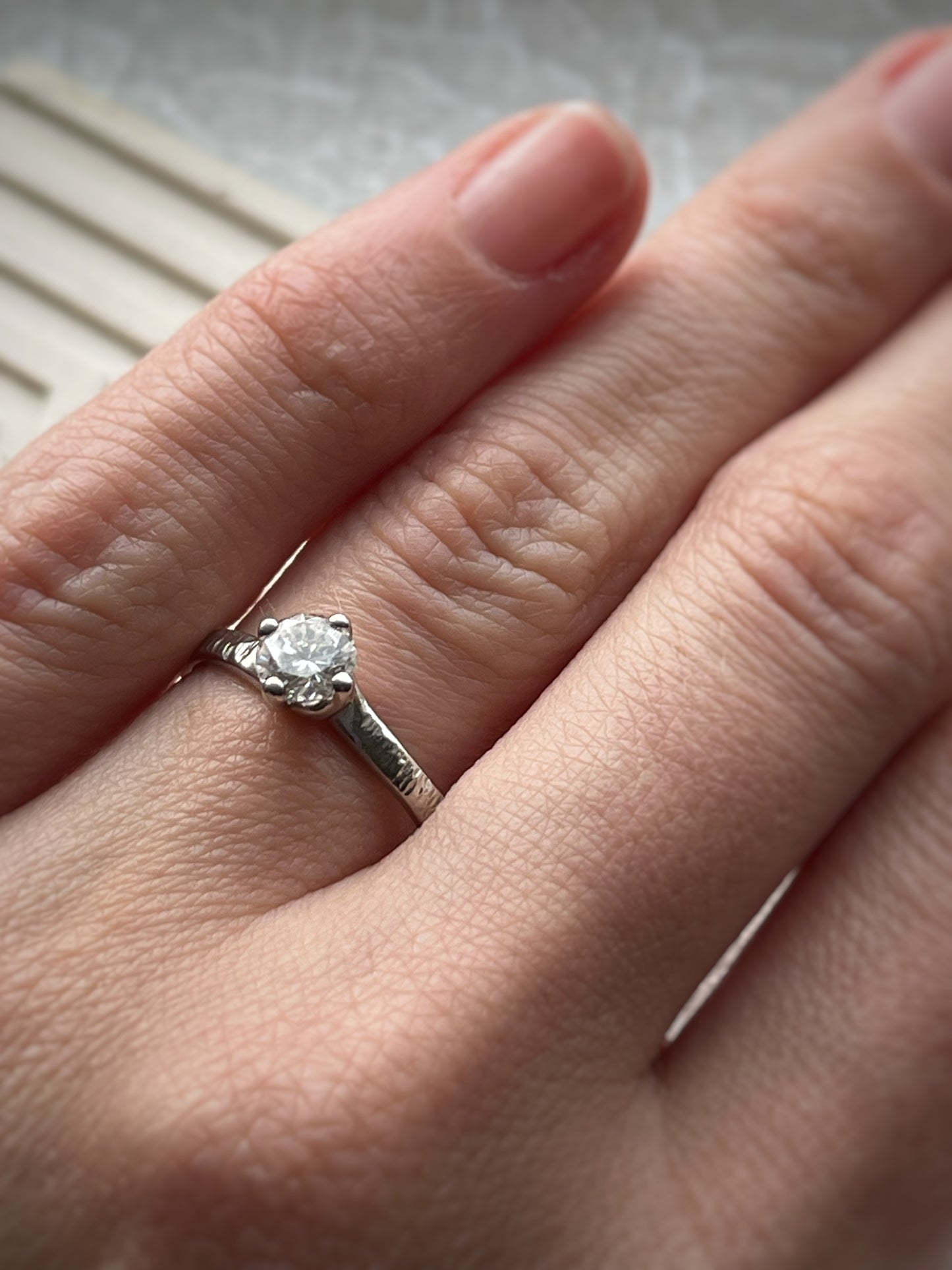 Solid white 9ct recycled gold and salt and pepper diamond handmade modern unique twisted engagement ring, hammered tree bark texture