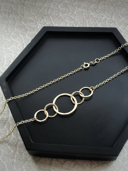 Solid 9ct gold 5 interlocking circle hoop heavy chain, a handmade hammered tree bark textured necklace