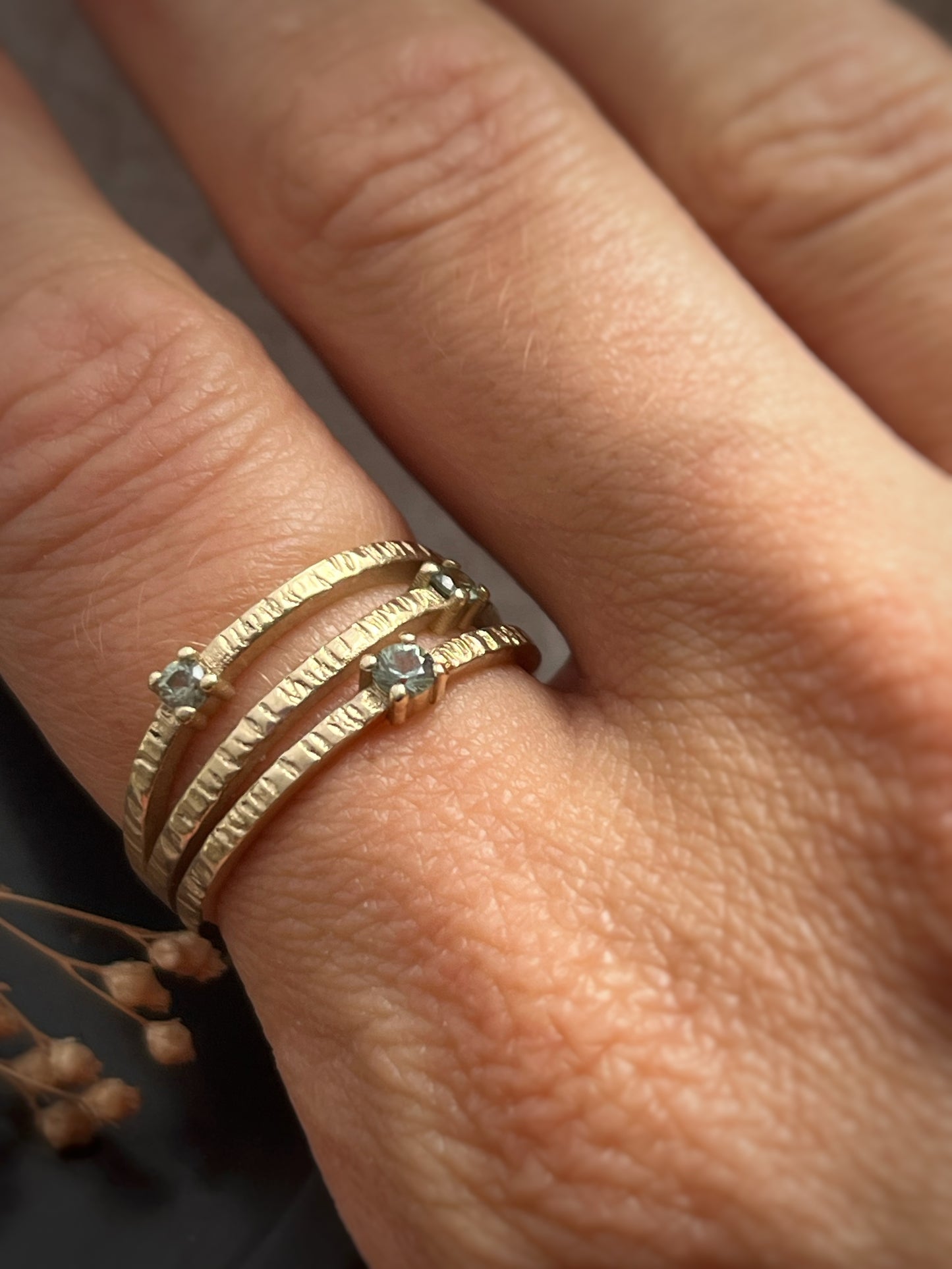 Solid 9ct Recycled Gold & Natural Green Sapphire Triple Band Ring – Handmade, Bark Textured, Hammered Gold Statement Ring