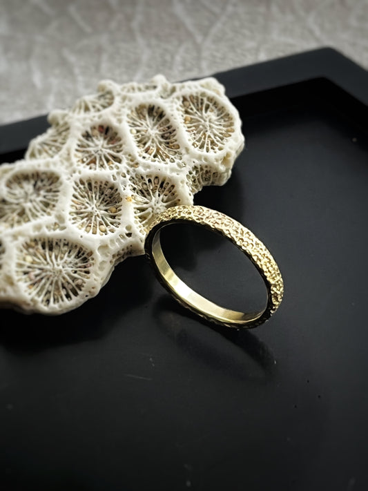 Solid 9ct yellow gold 2mm coastal beach sand delicate recycled gold flat band ring