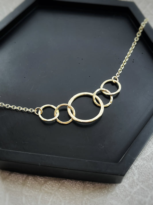 Solid 9ct gold 5 interlocking circle hoop heavy chain, a handmade hammered tree bark textured necklace