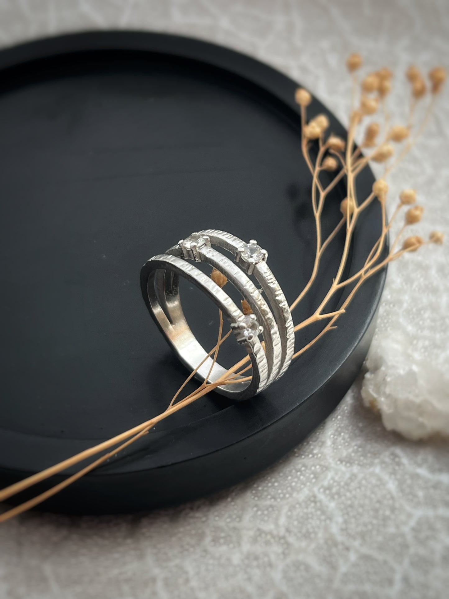 Solid White 9ct Recycled Gold & Natural Diamond Triple Band Ring Handmade, Bark Textured, Nature-Inspired Statement Ring
