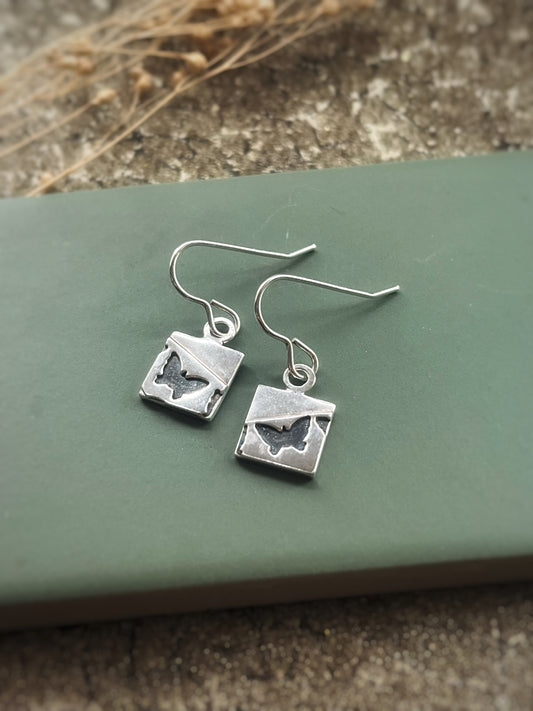 Square sterling silver butterfly drop earrings