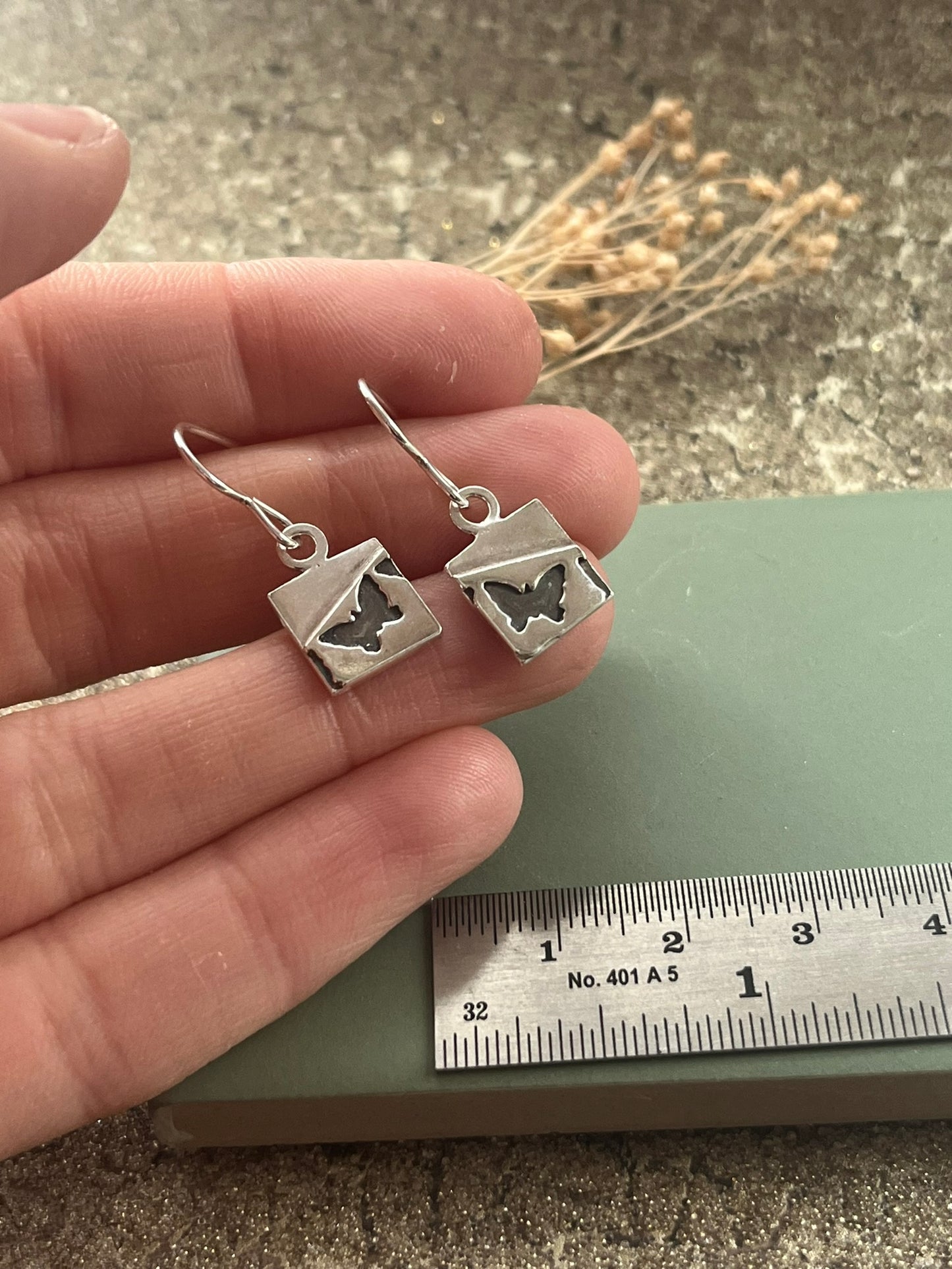 Square sterling silver butterfly drop earrings