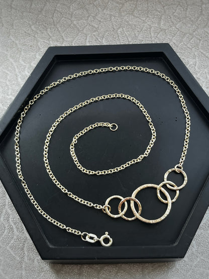 Solid 9ct gold 5 interlocking circle hoop heavy chain, a handmade hammered tree bark textured necklace
