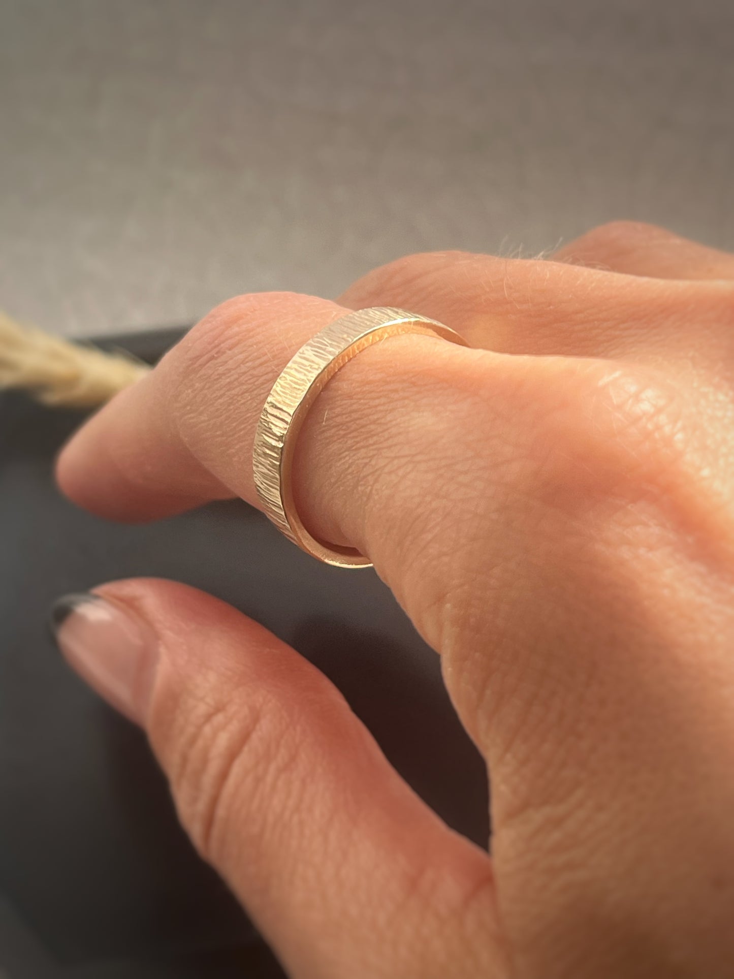Solid 9ct recycled yellow gold 4mm flat outside, domed inside, hammered tree bark pattern unisex/ men’s band ring