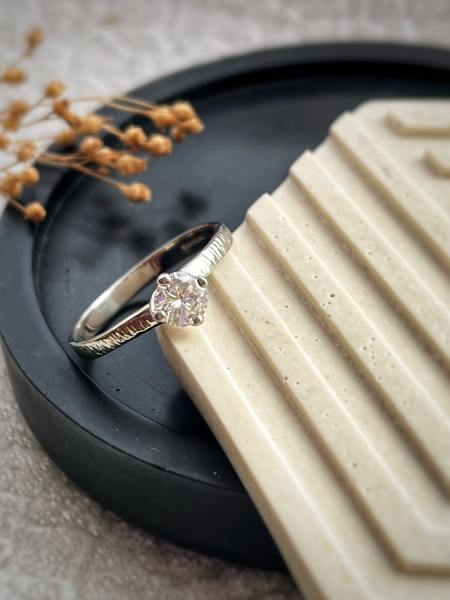 Solid white 9ct recycled gold and salt and pepper diamond handmade modern unique twisted engagement ring, hammered tree bark texture