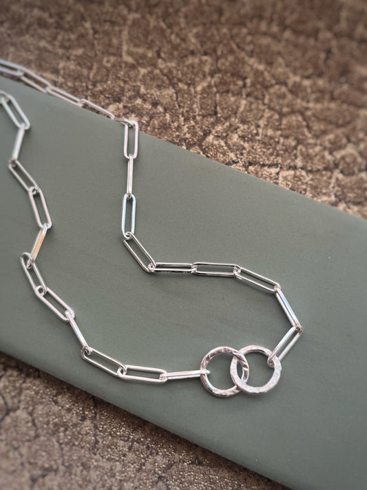 Textured  hoop and paper clip link sterling silver necklace