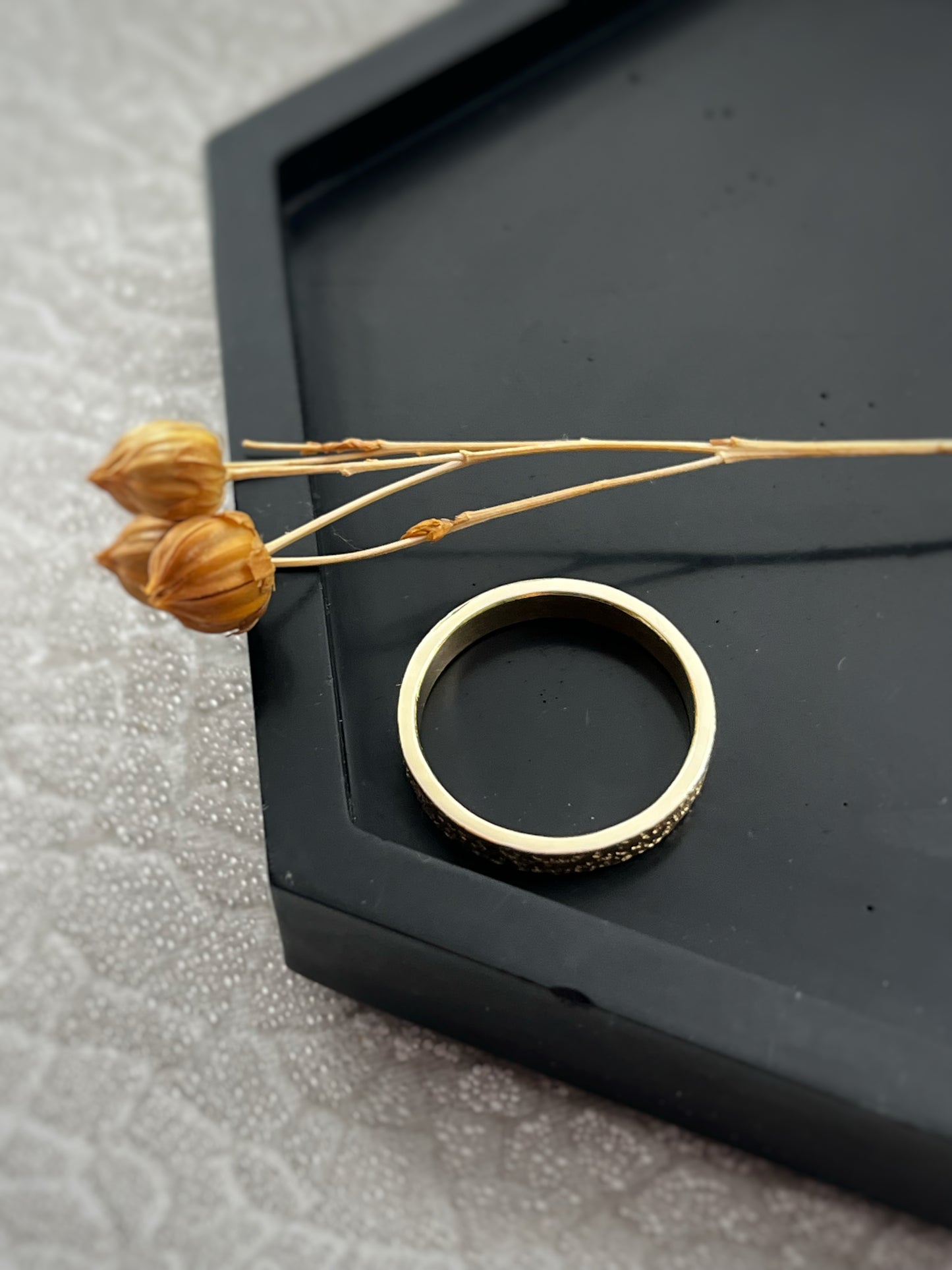 Solid 9ct yellow gold 3mm coastal beach sand delicate recycled gold flat band ring