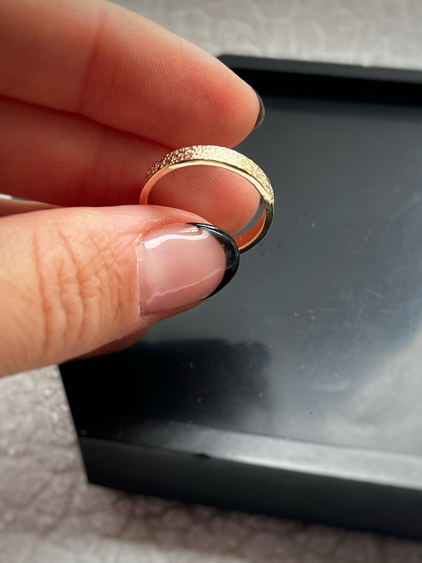 Solid 9ct yellow gold 3mm coastal beach sand delicate recycled gold flat band ring