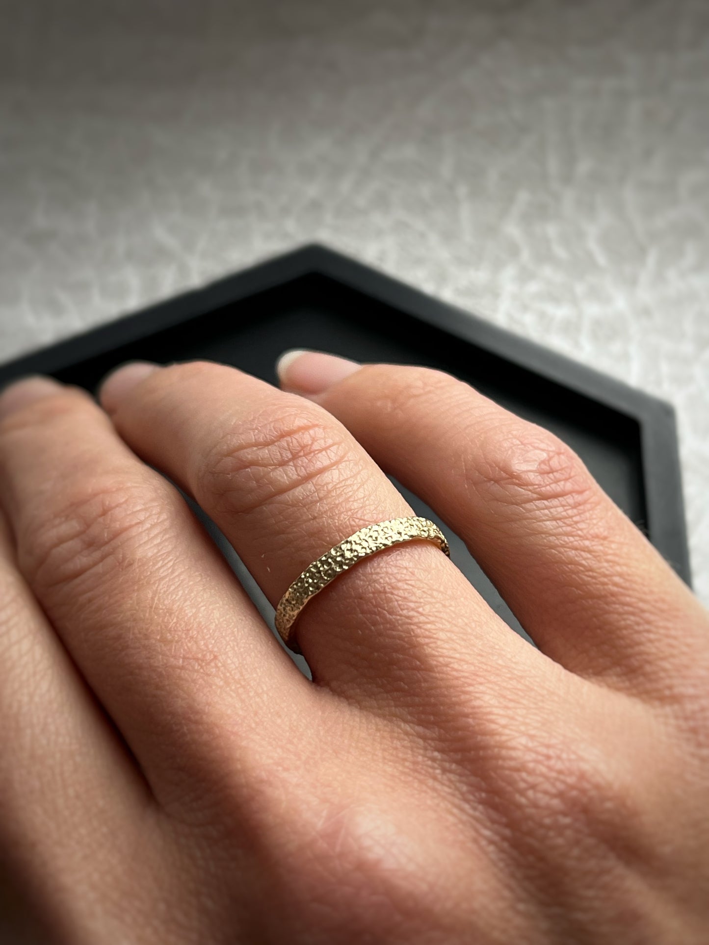 Solid 9ct yellow gold 2mm coastal beach sand delicate recycled gold flat band ring
