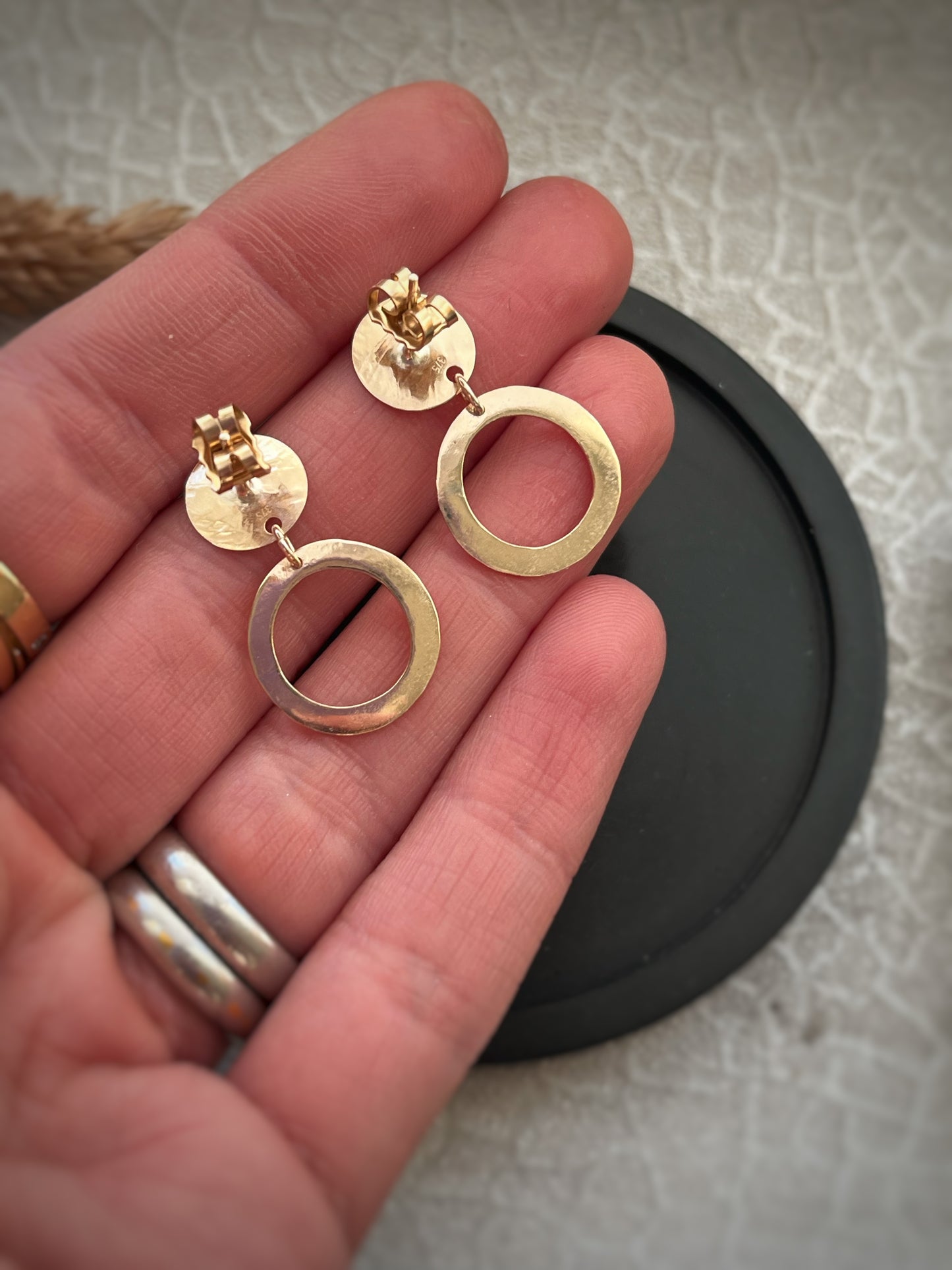Solid 9ct yellow gold circle stud & drop earrings- hammered bark texture