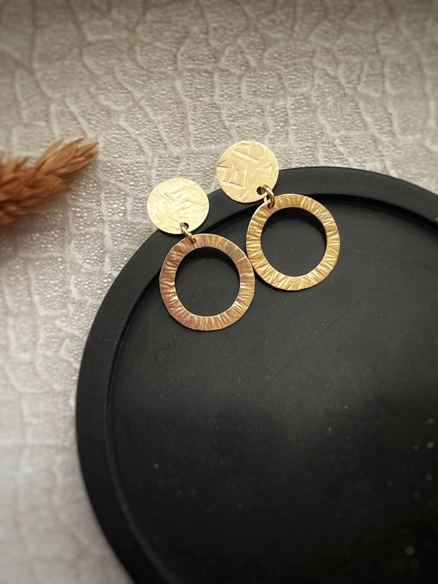 Solid 9ct yellow gold circle stud & drop earrings- hammered bark texture