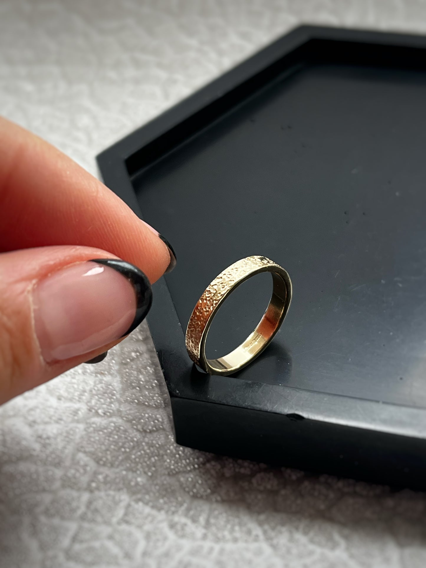 Solid 9ct yellow gold 3mm coastal beach sand delicate recycled gold flat band ring